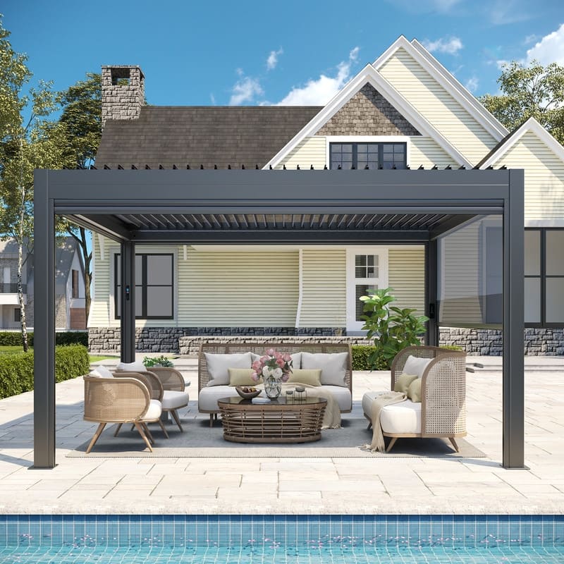 EROMMY Outdoor Louvered Pergola Gazebo with Adjustable Aluminum Rainproof Roof and Pull-Down Screen