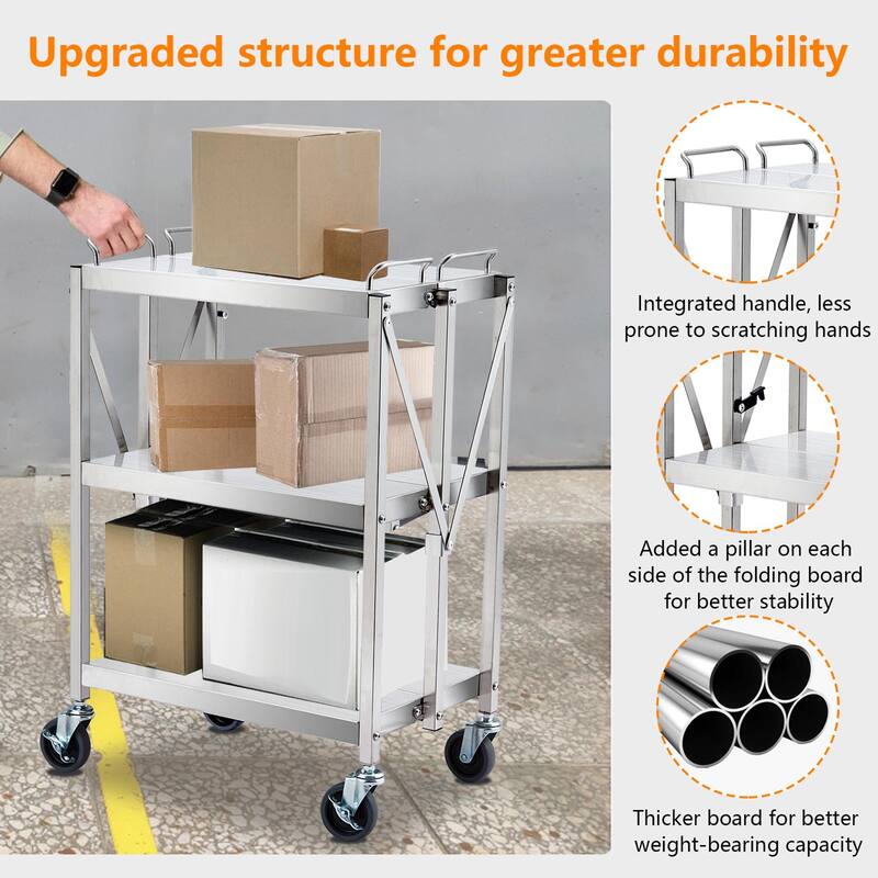 3-Tier Folding Utility Service Cart with Lockable Wheels