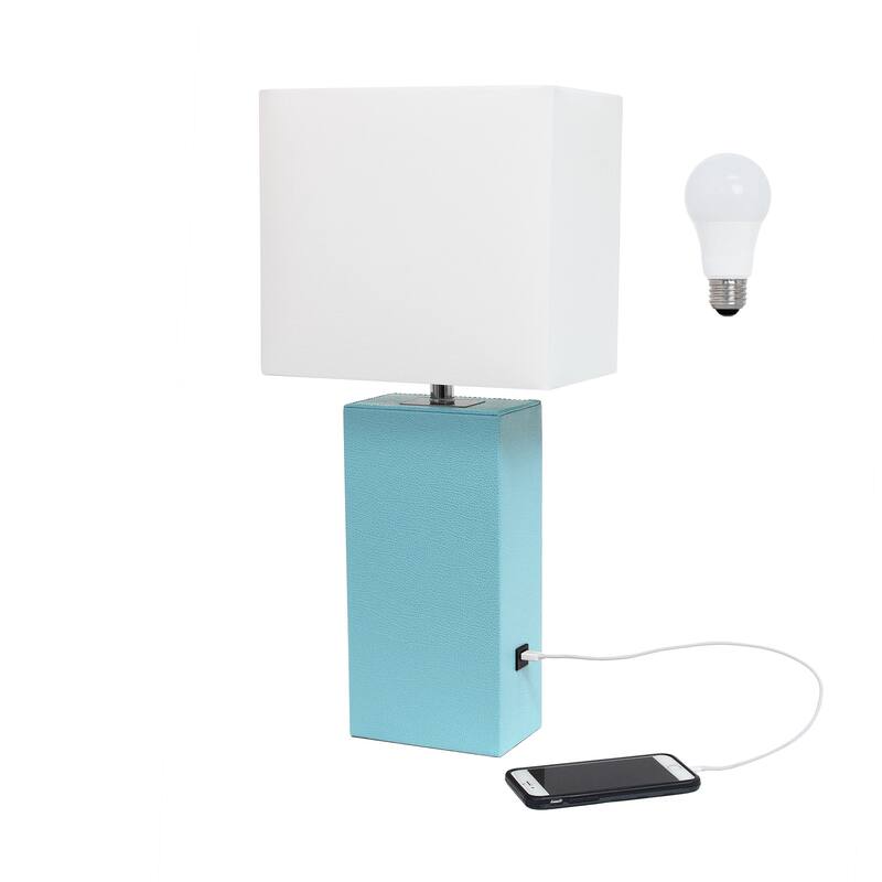 Modern Leather Table Lamp with USB and White Fabric Shade