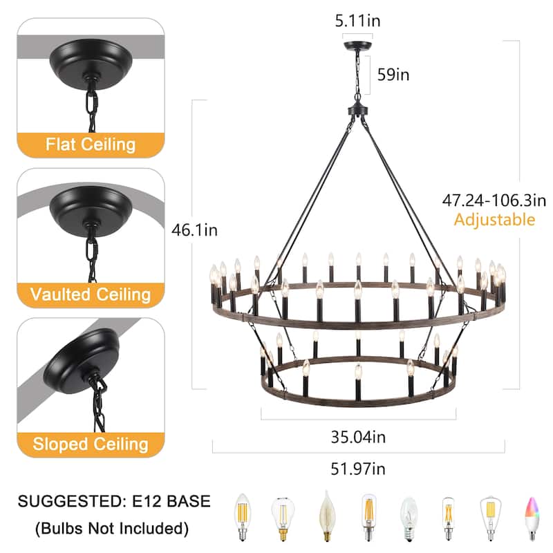 40-Light Candlestick Circle Wagon Wheel Chandelier 2-Tier Farmhouse Chandelier Lighting for Kitchen Island