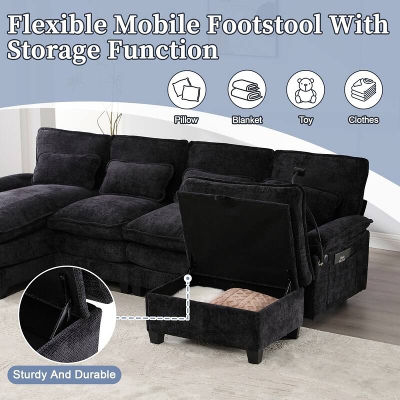 106.69" Modular U-shaped Sectional Sofa with Chaise Lounge and Ottoman, Pillows