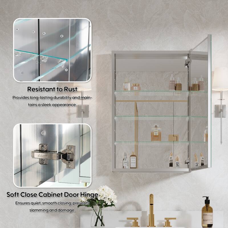 Recessed or Surface Wall Mount Bathroom Medicine Cabinet With Adjustable Glass Shelves