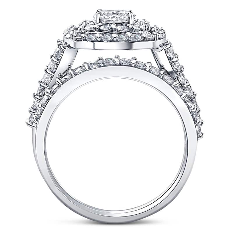 2 Ct TW Diamond Engagement Cushion Halo Engagement Ring Set White Gold Lab Grown