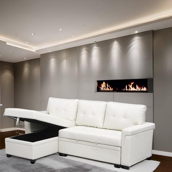 slide 2 of 5, Modern Reversible Convertible Sleeper Sectional Sofa Bed - L-Shape with Storage Chaise, Wide Armrest and Durable Legs White, Air Leather