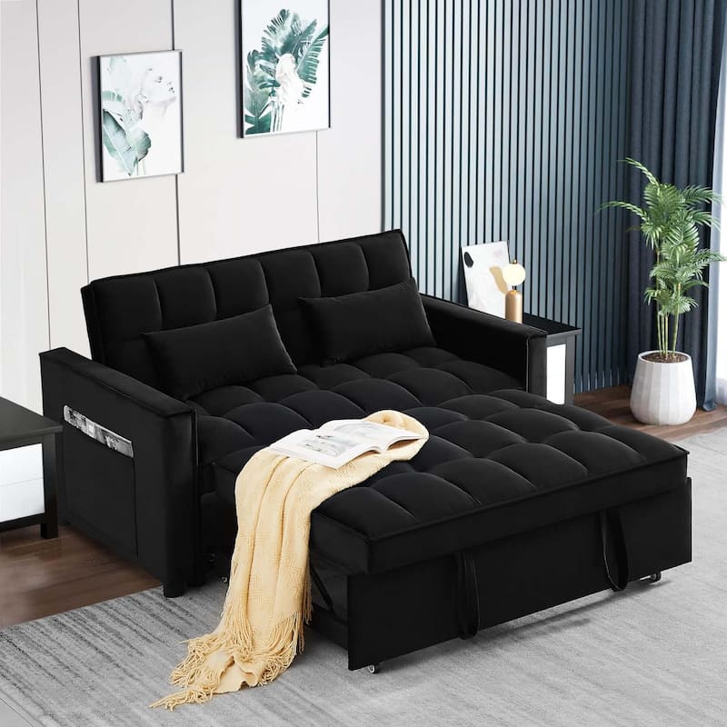 Aukfa Velvet Convertible Sleeper Sofa Loveseat with Side Pocket - Black