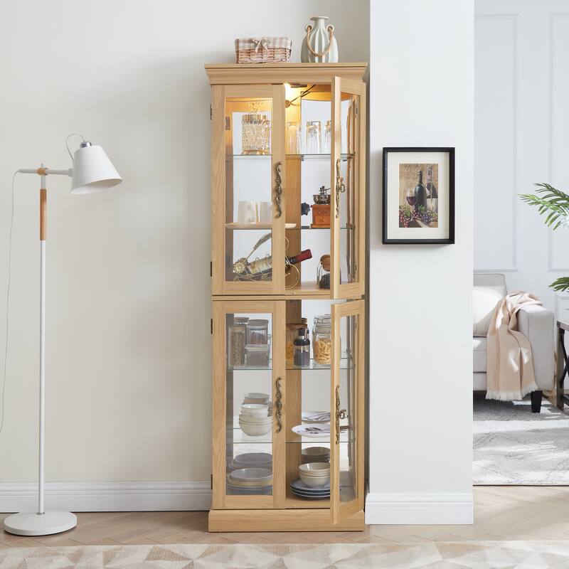 Lighted Glass Curio Display Cabinet: Wood Frame, Wine/Toy Storage - For Living Room/Kitchen, Bulb Included