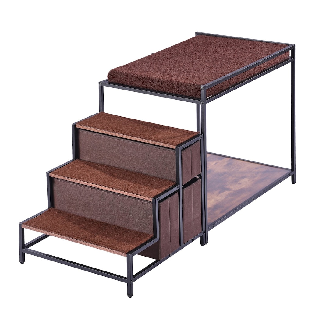 Black-Brown Wood Pet Bunk Bed with Stairs and Storage Drawers - 49” L x 19.6” W x 25.9” H