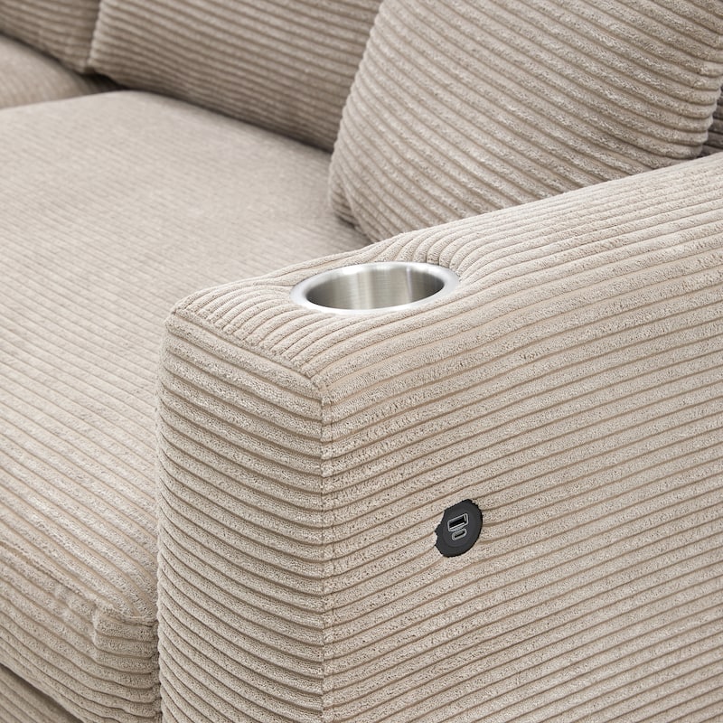L Shaped Corduroy Sectional Cloud Sofa w/USB Charging Port, Cup Holder