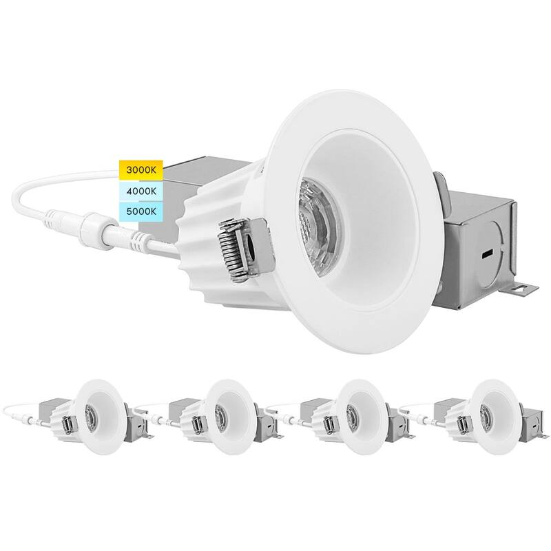 Luxrite 2" LED Recessed Light with J-Box, 3 Color Option 3000K/4000K/5000K, Dimmable 8W, 600 Lumens, Damp Rated 4 Pack - 4 Pack - 4 Pack