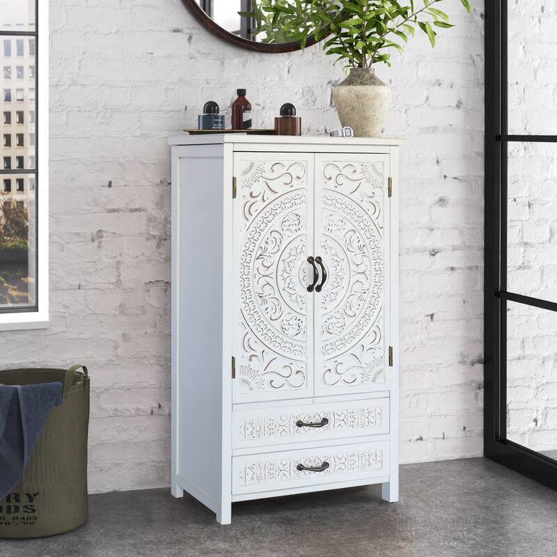 Tall Tower Accent Cabinet with Carved Doors, Multi-Functional Wood Buffet Cabinet, Storage Cabinet with 2 Doors & 2 Drawers