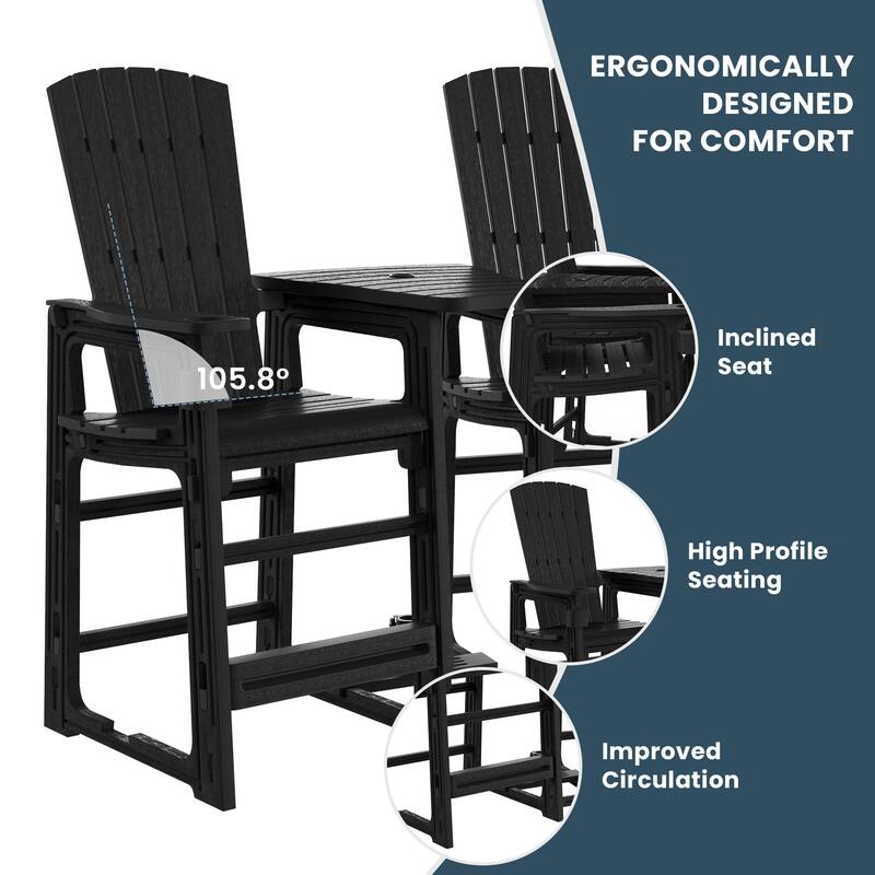 Polytrends Coastline Outdoor Poly Bar Chair Set with Connecting Tray & Cup Holder