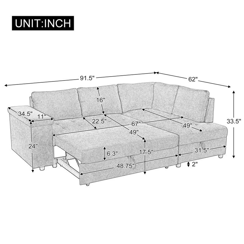 91.5" Polyester L-Shaped Sectional Sofa with Pull-Out Bed, Hidden Storage and Wide Storage Armrests