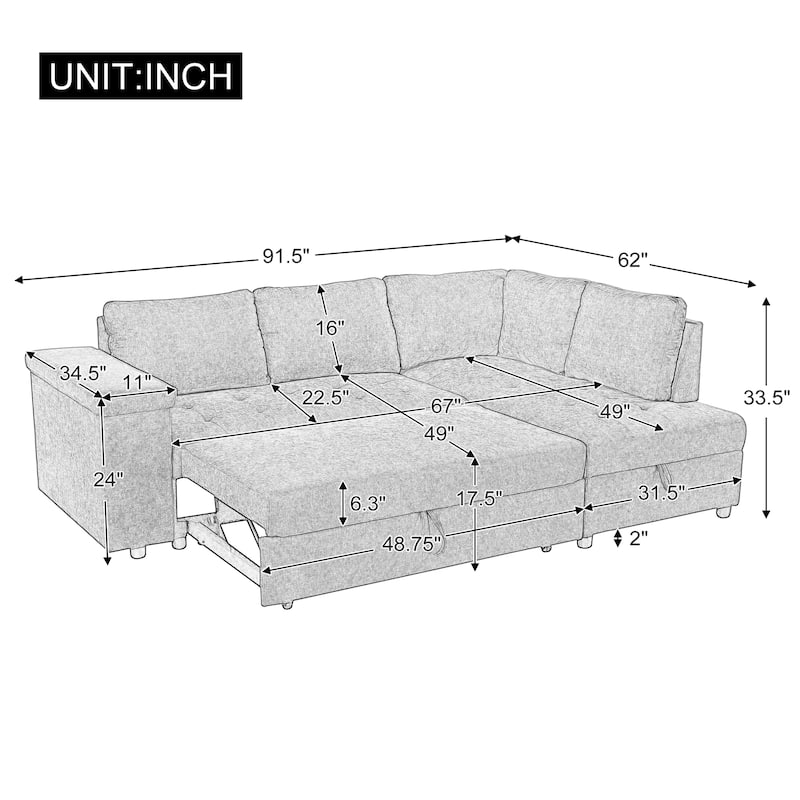 Roomfitters 91.5" L-Shaped Sectional Sofa with Pull-Out Bed, Hidden Storage and Wide Armrest, Grey