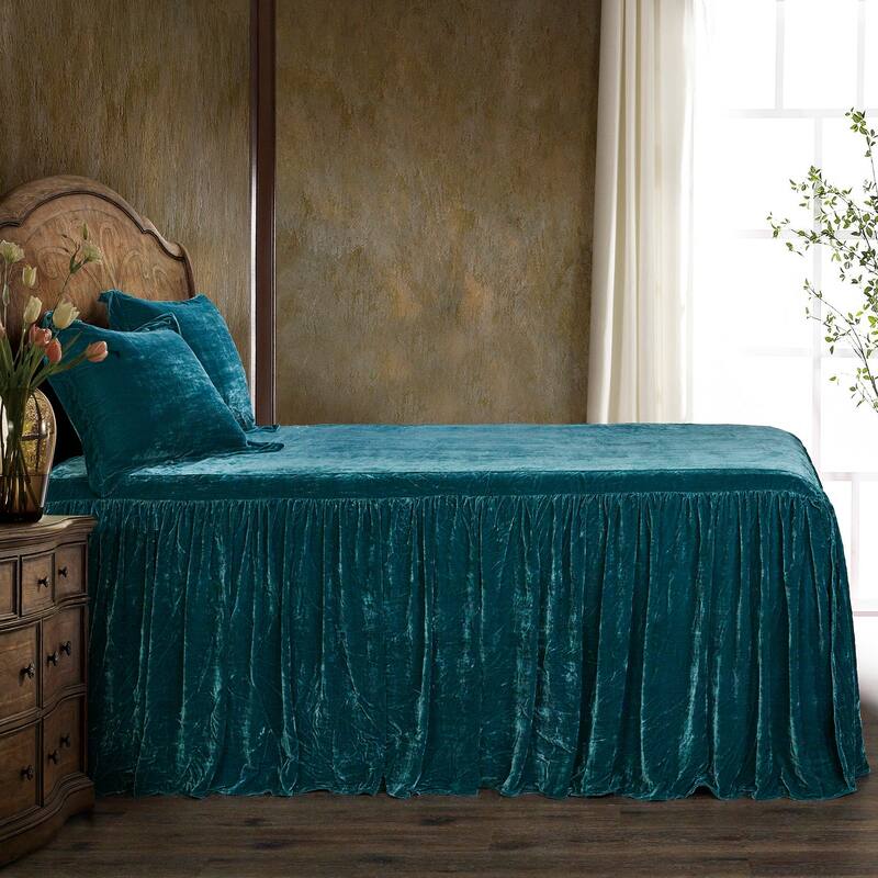 HiEnd Accents Stella Faux Silk Velvet Ruffle Skirt 3 Piece Bedspread Set with Pillow Shams - Teal - King