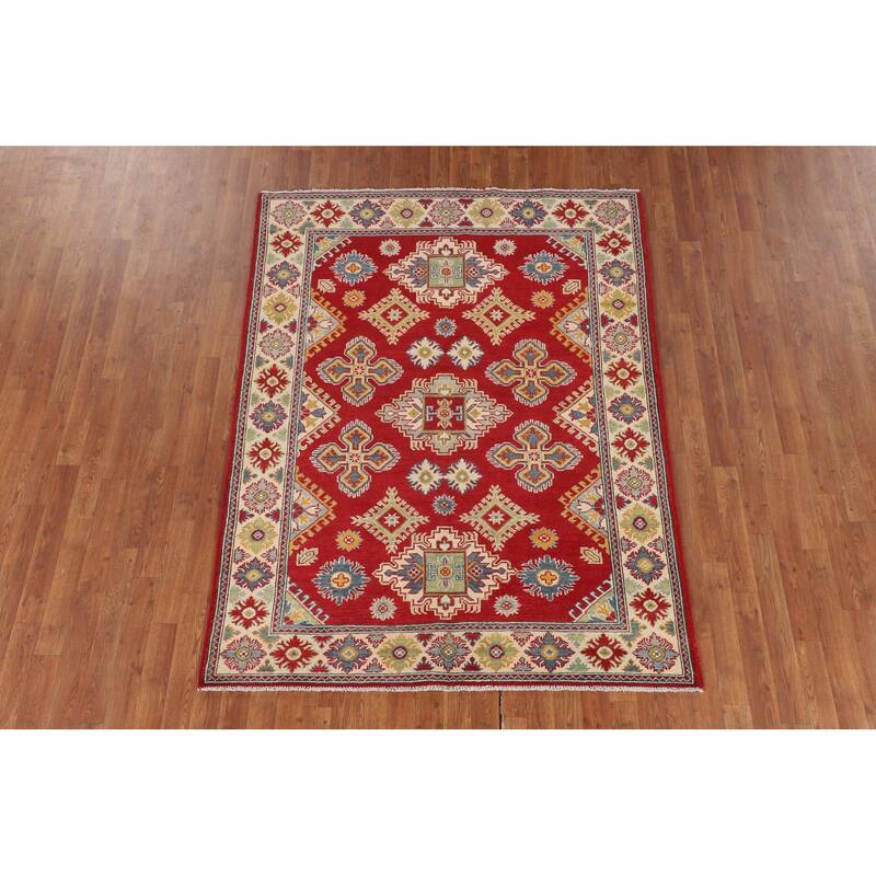 Geometric Red Kazak Oriental Area Rug Bedroom Hand-Knotted Wool Carpet - 5'1" x 6'7"