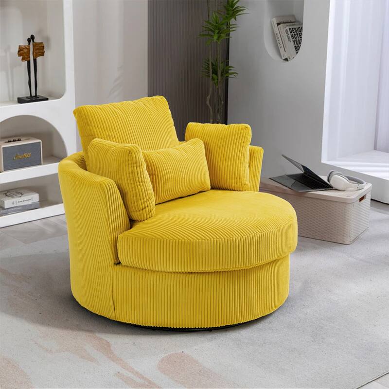 41" W Oversized Accent Barrel Swivel Chair with Moon Storage Ottoman - Single Chair - Mustard Corduroy