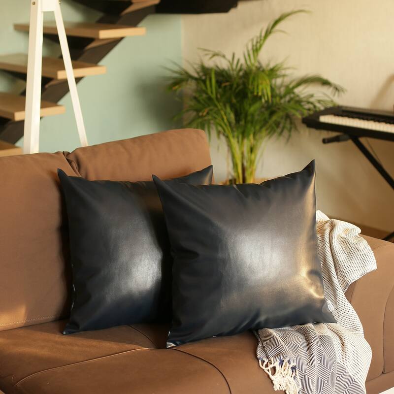 Decorative Faux Leather Solid Square Throw Pillow Cover (Set of 2)