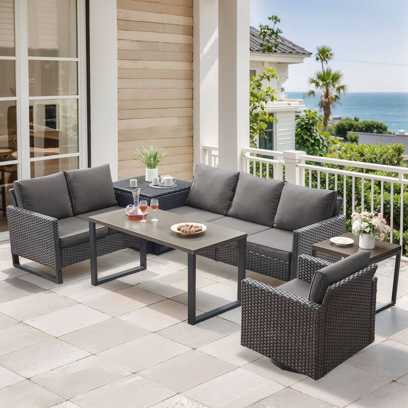 Gymojoy 6 Person Outdoor Patio Wicker Conversation Set Group With Swivel Chairs