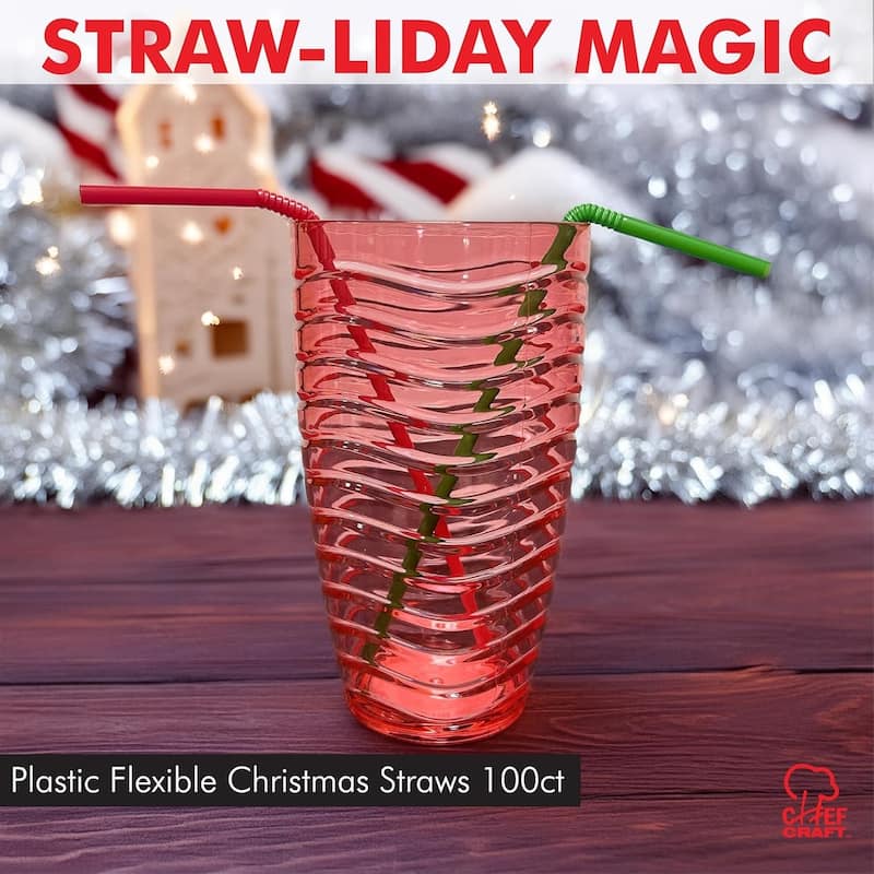 Chef Craft Flexible Plastic Christmas Colors Drinking Straws, 100 pack Green and Red