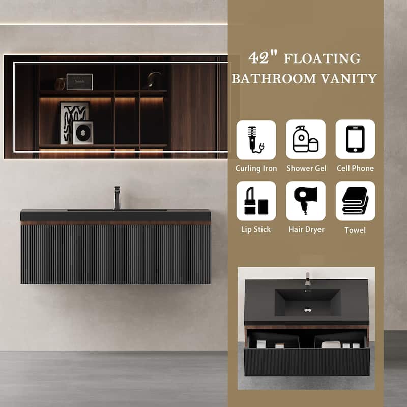 24''/30''/36''/42'' Floating Vanity,Smoked Walnut Storage Cabinet with Soft-Close Drawers,Black Quartz Sand Sink,Wall-Mounted
