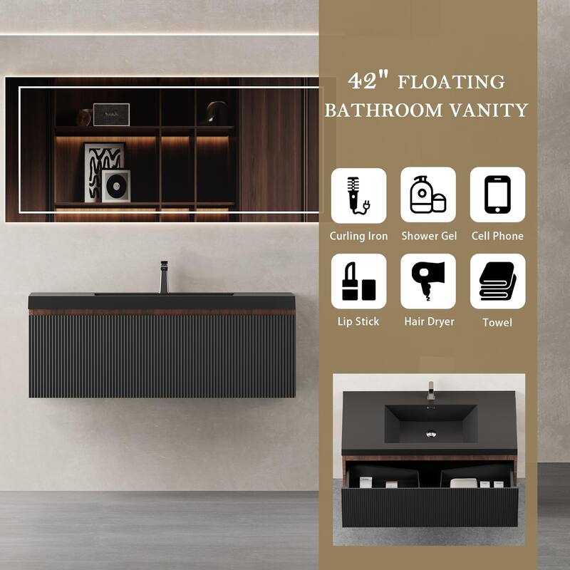 GDFStudio - Dalton 42-Inch Floating Bathroom Vanity with Quartz Sand Basin and Fluted Storage Drawer