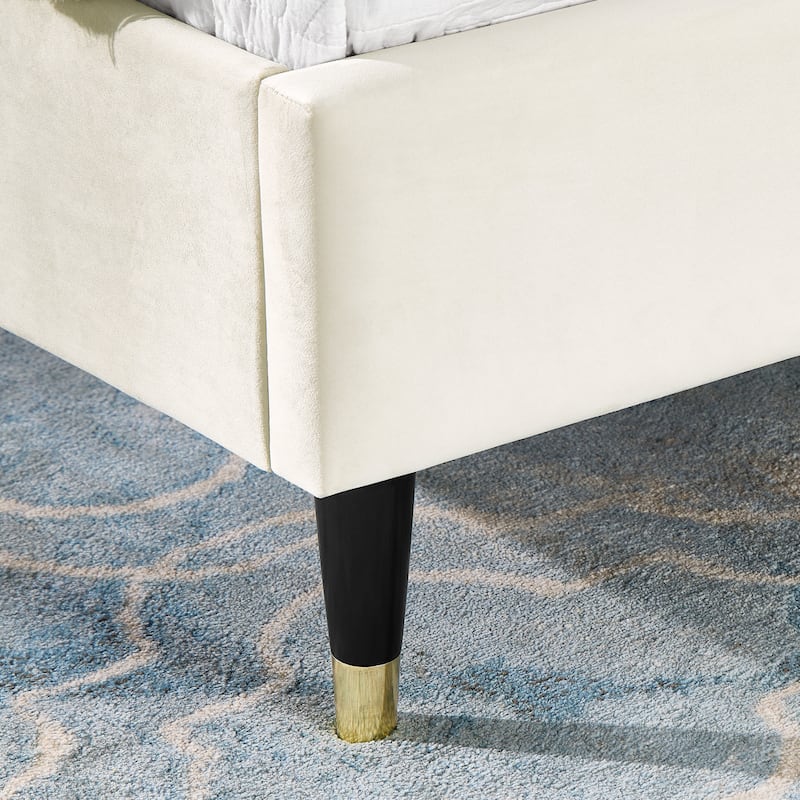Queen Upholstered Platform Bed in Velvet with Wingback Headboard and Gold-Tipped Legs, Modern Low-Profile Design