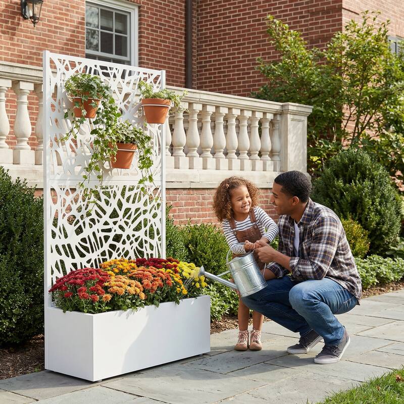 Metal Galvanized Planter Box with Trellis Privacy Screen Lockable Wheels