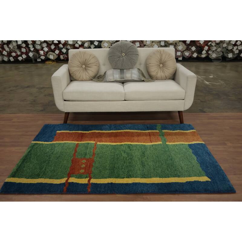 Hand Knotted Oriental 100% Wool Carpet Modern Geometric Green Gabbeh Area Rug - 5' 11'' X 4' 2''
