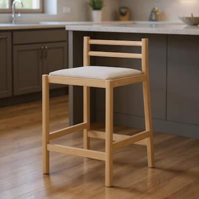 HomeRoots 26" Beige and Natural Fabric and Solid Wood Low Back Counter Height Bar Chair