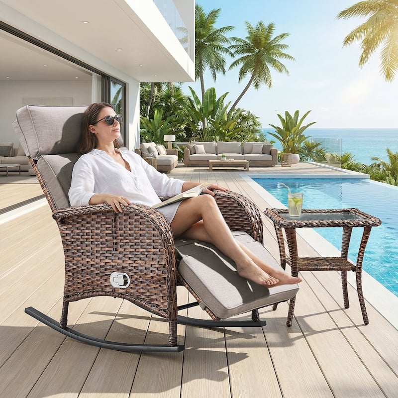 Pocassy Outdoor Curved Rocker Chaise Lounge Chairs with Side Table Set.