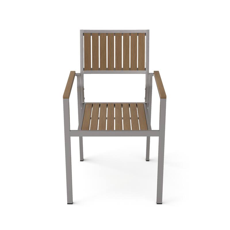 Roomfitters Outdoor Dining Armchairs Set of 2 with Slatted Wood Seat and White Aluminum Frame, Natural