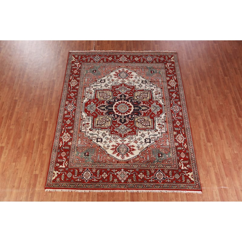 Hand Knotted Oriental 100% Wool Carpet Traditional Medallion Beige & Ivories Heriz (serapi) Area Rug - 10' 0'' X 7' 11''