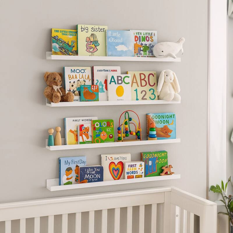 Yuli Wall Shelf Set of 4, Contemporary White, Raised Ledge Design 32 Inch