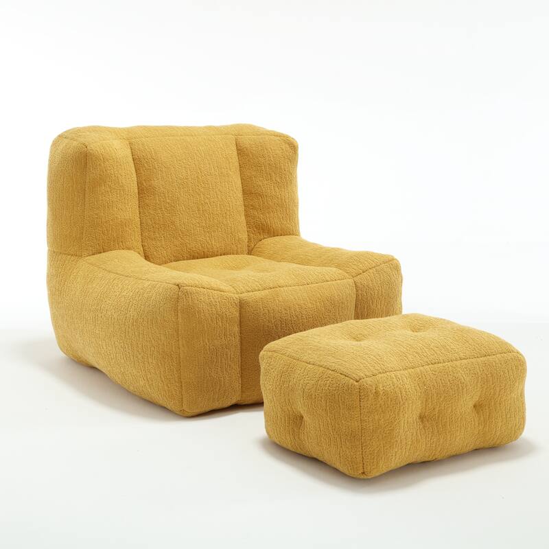 Fluffy Bean Bag Chair with Memory Foam and Ottoman, Super Soft Velvet Bean Bag for Adults & Kids, Comfortable Lazy Sofa