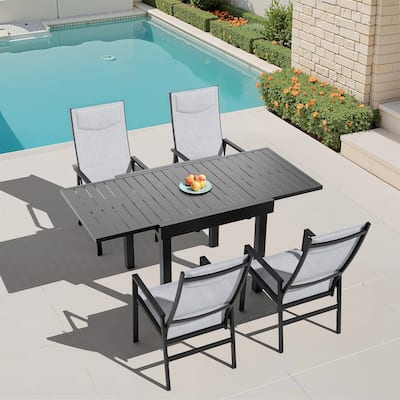 5-PC Outdoor Patio Aluminum Dining Sets Rectangular Expandable Table with Adjustable Dining Chairs