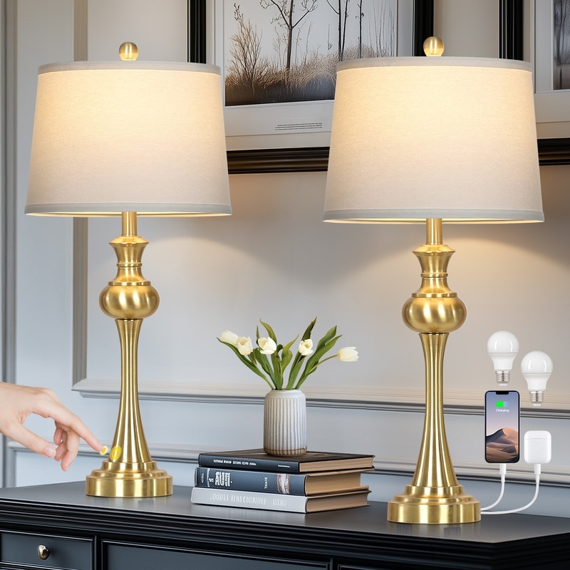 Modern Brass Table Lamps with Touch Control & Charging Ports, Set of 2 - 13'' x 13'' x 28.75''