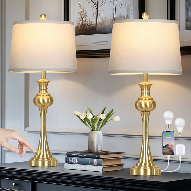Modern Brass Table Lamps with Touch Control & Charging Ports, Set of 2 - 13'' x 13'' x 28.75'' - 13'' x 13'' x 28.75'' - Gold