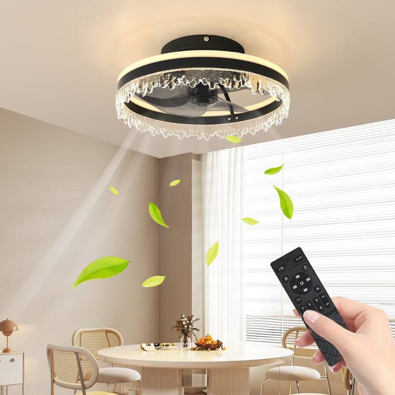 Modern LED Ceiling Fan with Light - 16" Dimmable Ceiling Light with Invisible Blades and Crystal Design, Remote Control - Black - Black