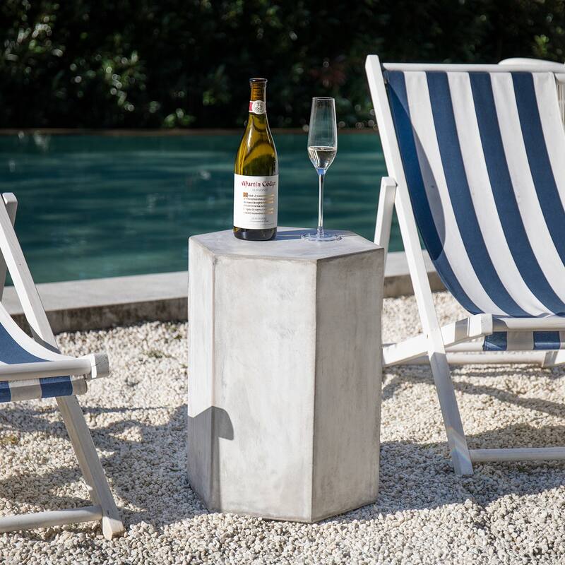 COSIEST MgO Outdoor Hexagonal End Table - 14"W x 12.5"D x 20"H - Distressed Grey White