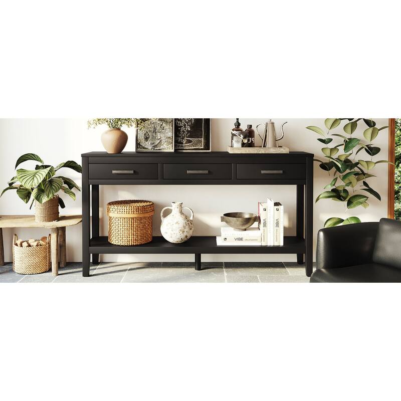 Roomfitters 59.1" Farmhouse Entryway Table with 3 Drawers, Slim Console Sofa Table with Open Shelf for Hallway