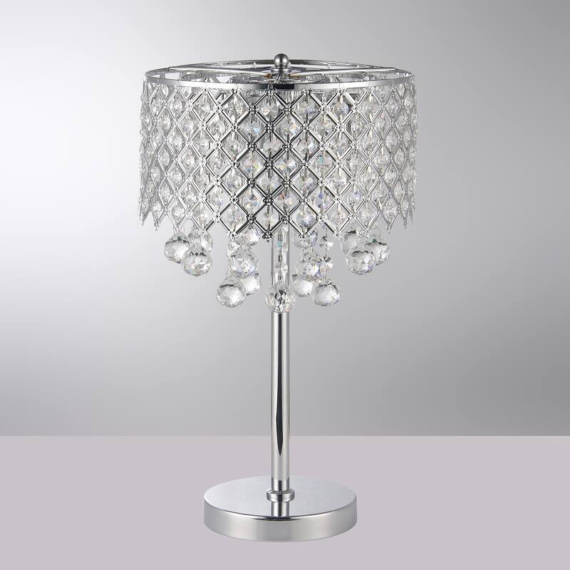 Chrome 3-Light Table Lamp with Crystal Bead Drum Shade