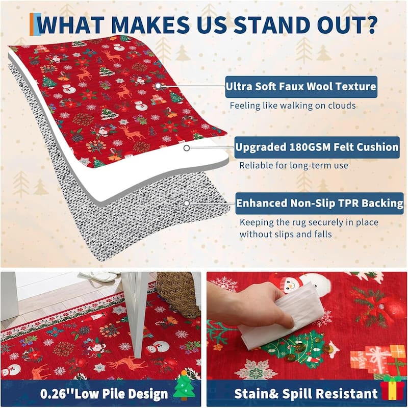 Washable Christmas Area Rug for Bedroom Holiday Decor - 1'6" x 2'6"