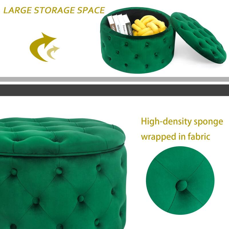 Adeco Round Velvet Storage Ottoman, Button Tufted Footrest Footstool