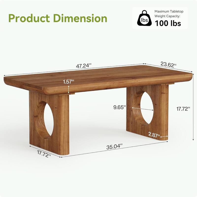 47" Rectangle Solid Wood Coffee Table, Farmhouse Center Table for Living Room - 47.24" W × 23.62" D × 17.72" H