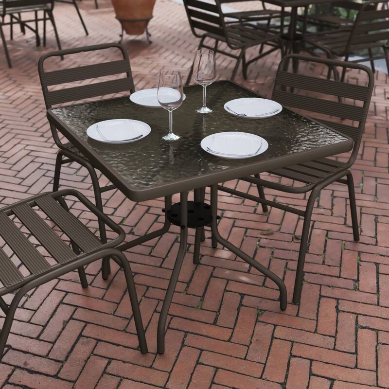 31.5" Square Tempered Glass Metal Table with Smooth Ripple Design Top
