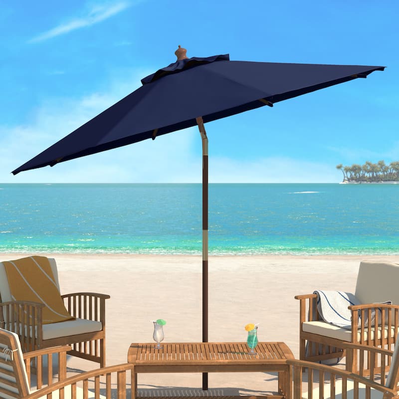 SAFAVIEH Zlatana 9 Ft Wooden Outdoor Umbrella - Navy