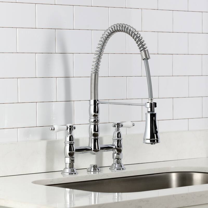 Kingston Brass Essex Double-Handle Wall-Mount Pre-Rinse Bridge Kitchen Faucet