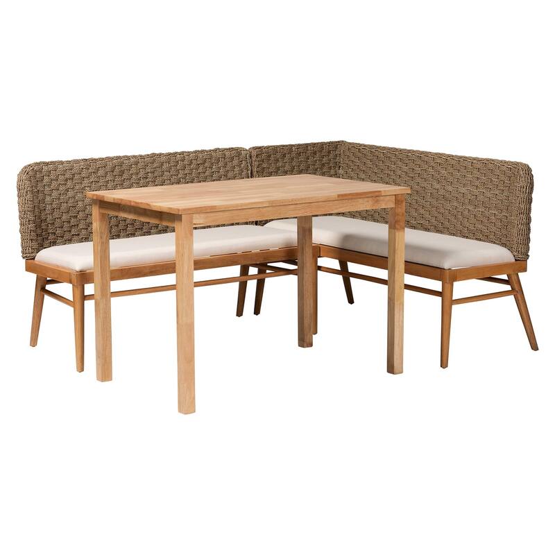 Denver Modern Bohemian Natural Seagrass and Acacia Wood Dining Nook Set - 3-Piece Set