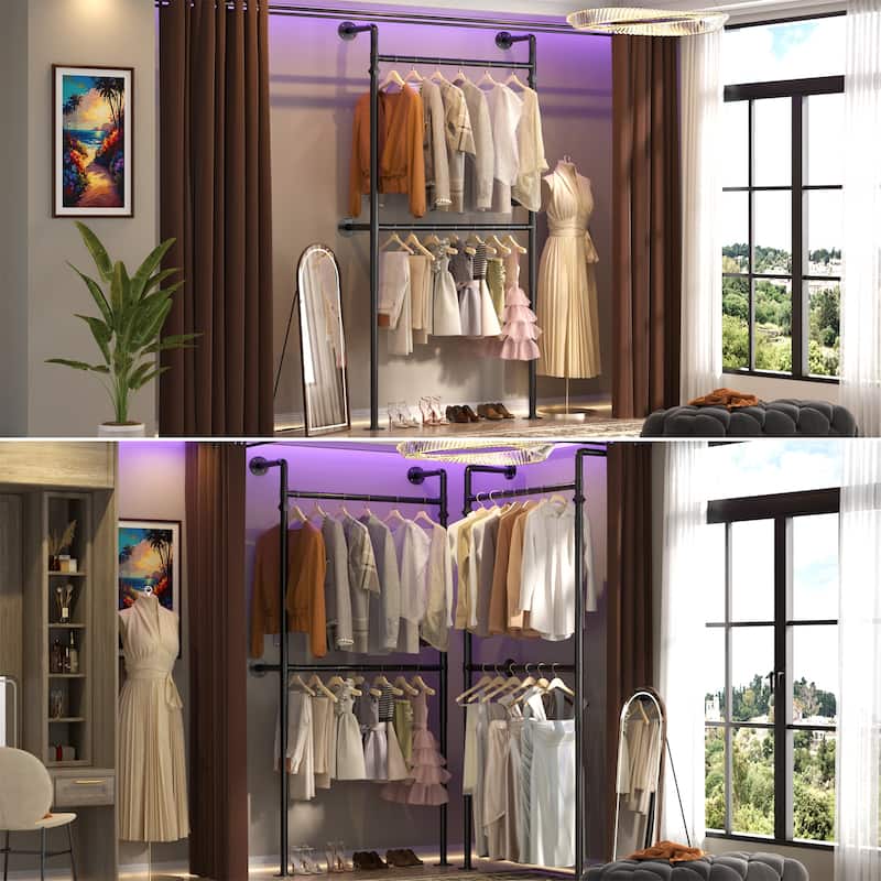 38- 153 Wide Heavy-Duty Wall-Mounted Garment Rack, Pipe Clothes Hanging Rods Closet System