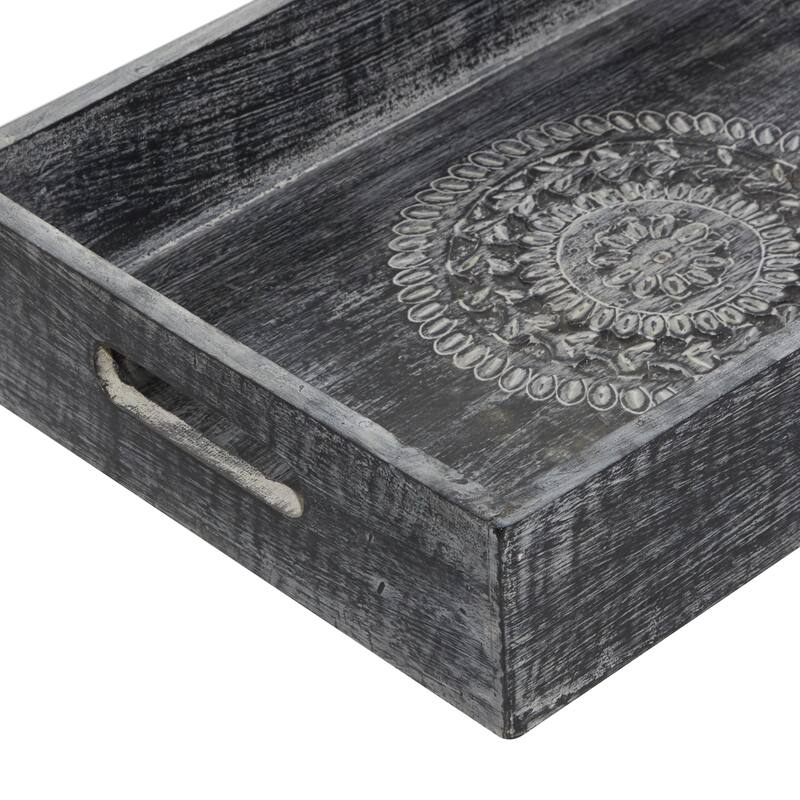 Black Wood Intricate Carved Floral Living Room Decor Tray (Set of 3) - 18 x 12 x 3